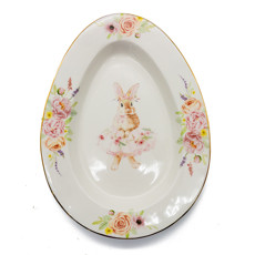 Imagem de PRATO OVAL DE PÁSCOA EM PORCELANA ESTAMPA COELHA E BORDA DOURADA - TOK DA CASA - Cromus Embalagens Ind. E Com. Ltda