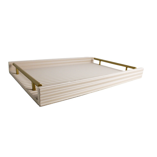 Imagem BANDEJA RETANGULAR OFF WHITE EM MDF COM ALÇA EM METAL E LISTRAS 3D 4X45X30 CM