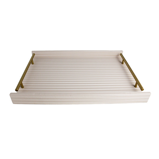 Imagem BANDEJA RETANGULAR OFF WHITE EM MDF COM ALÇA EM METAL E LISTRAS 3D 4X45X30 CM