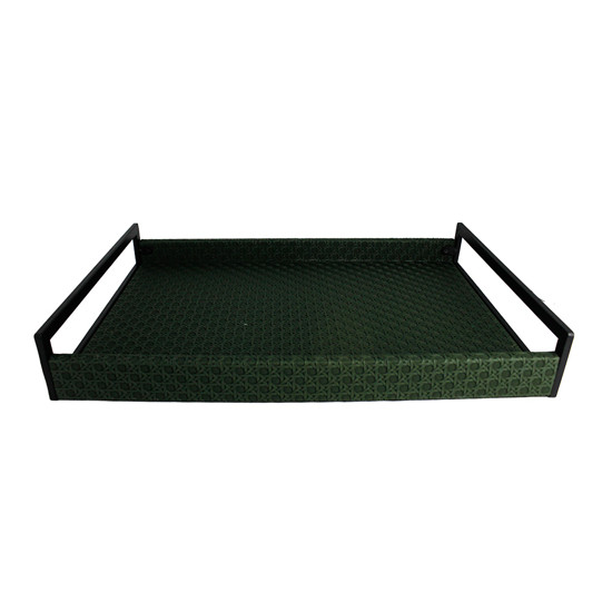 Imagem BANDEJA RETANGULAR VERDE ESCURA EM MDF COM ALÇA EM METAL E LISTRAS 3D 7X45X30 CM