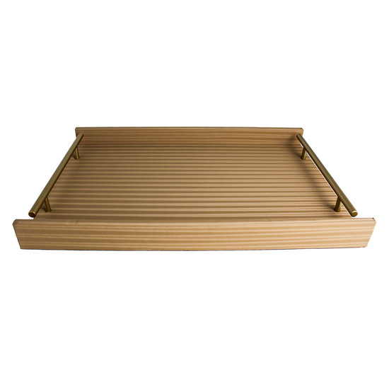 Imagem BANDEJA RETANGULAR BEGE EM MDF COM ALÇA EM METAL E LISTRAS 3D 4X45X30 CM - ENTRECASA