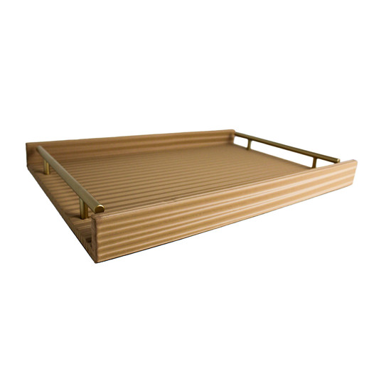 Imagem BANDEJA RETANGULAR BEGE EM MDF COM ALÇA EM METAL E LISTRAS 3D 4X45X30 CM - ENTRECASA