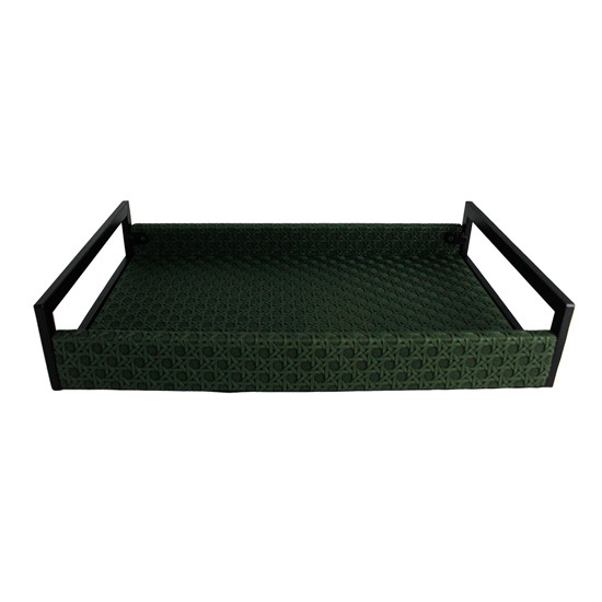 Imagem BANDEJA RETANGULAR VERDE ESCURO EM MDF COM ALÇA EM METAL E LISTRAS 3D 4X35X22 CM