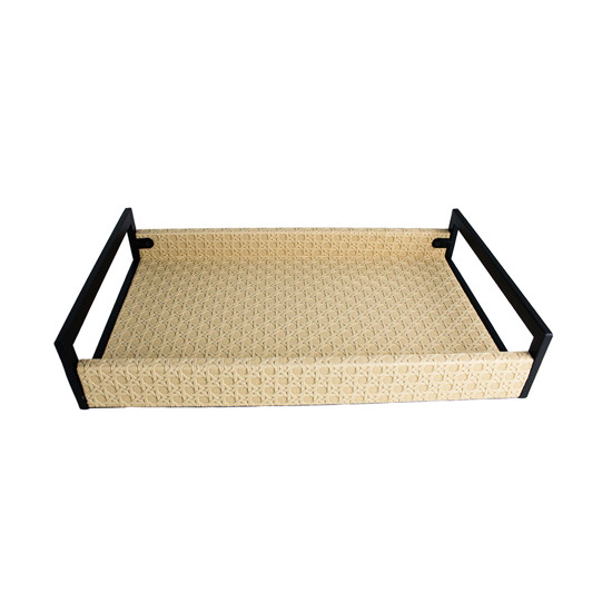Imagem BANDEJA RETANGULAR BEGE EM MDF COM ALÇA EM METAL E LISTRAS 3D 7X35X22 CM - ENTRECASA
