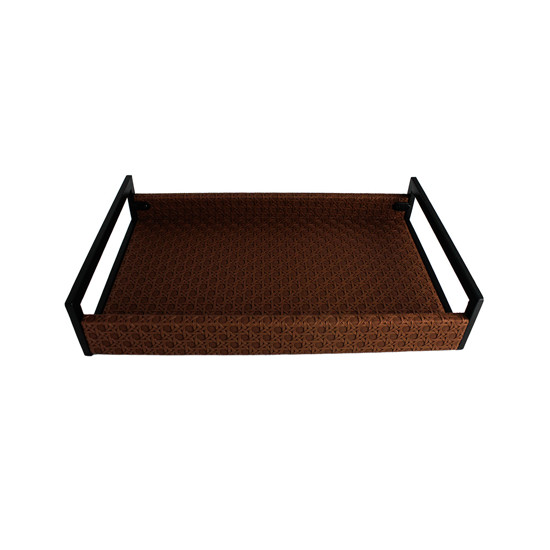 Imagem BANDEJA RETANGULAR MARROM EM MDF COM ALÇA EM METAL E LISTRAS 3D 4X35X22 CM
