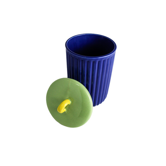 Imagem POTICHE DECORATIVO EM CERÂMICA AZUL E TAMPA VERDE E AMARELA 18X11 CM - MABRUK