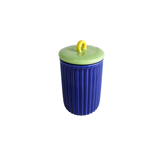Imagem POTICHE DECORATIVO EM CERÂMICA AZUL E TAMPA VERDE E AMARELA 18X11 CM - MABRUK