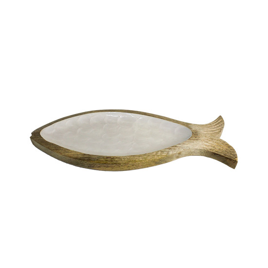 Imagem PETISQUEIRA FORMATO PEIXE EM MADEIRA E RESINA OFF WHITE TEXTURA ESCAMA - ENTRECASA