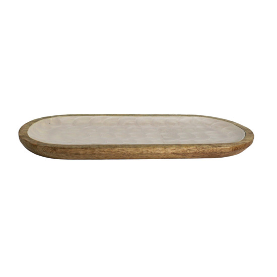Imagem PETISQUEIRA OVAL EM MADEIRA REVESTIDA EM RESINA OFF WHITE TEXTURA ESCAMA - ENTRECASA