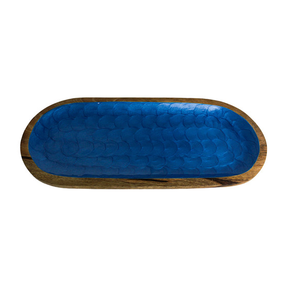 Imagem PETISQUEIRA OVAL EM MADEIRA REVESTIDA EM RESINA AZUL TEXTURA ESCAMA - ENTRECASA