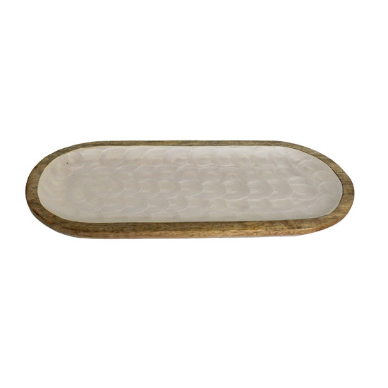 Imagem PETISQUEIRA OVAL EM MADEIRA REVESTIDA EM RESINA OFF WHITE TEXTURA ESCAMA - ENTRECASA