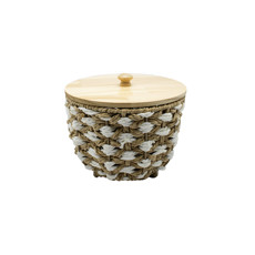 Imagem de CESTA DECORATIVA REDONDA EM PALHA CESTARIA COR BEGE E BRANCA 18X21X21CM - ENTRECASA - Inverno Verao Comercio De Modas E Decoracao Eireli