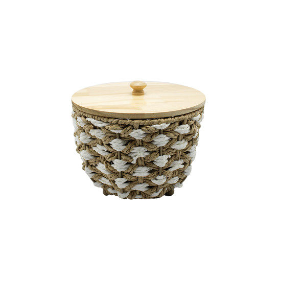 Imagem CESTA DECORATIVA REDONDA EM PALHA CESTARIA COR BEGE E BRANCA 18X21X21CM - ENTRECASA