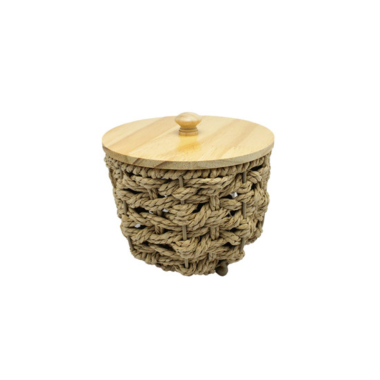 Imagem CESTA REDONDA EM PALHA CESTARIA E TAMPA BEGE 16X17X17CM - ENTRECASA