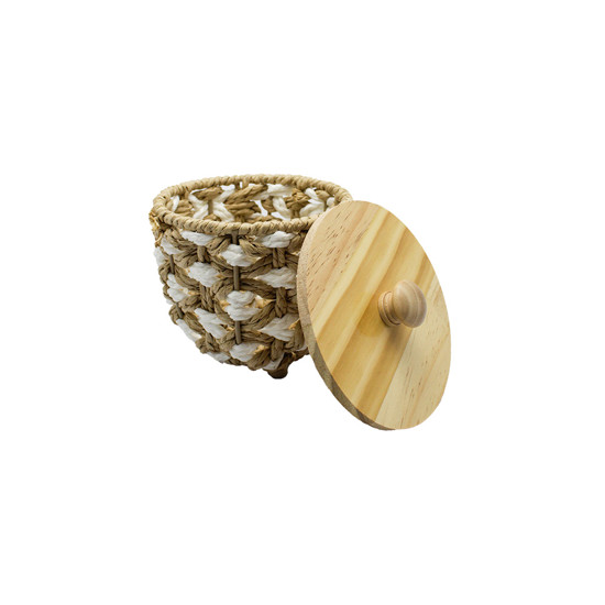 Imagem CESTA DECORATIVA REDONDA EM PALHA CESTARIA COR BEGE E BRANCA 14X13X13CM - ENTRECASA