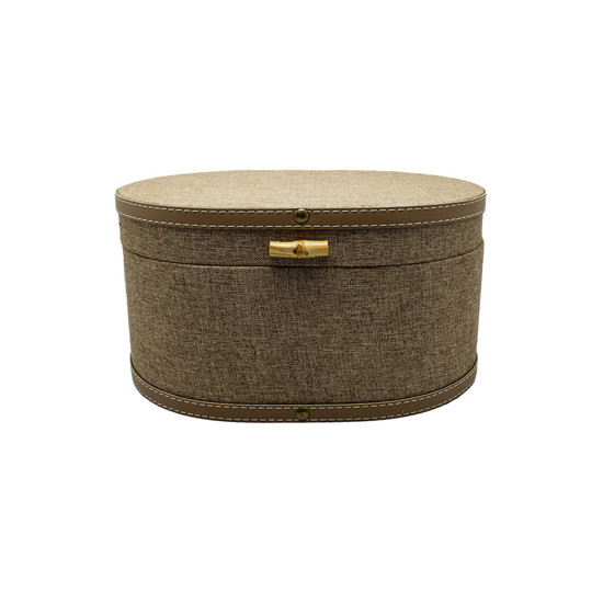 Imagem CAIXA OVAL DECORATIVA EM MDF REVESTIDA EM LONA MARROM 16X30X22CM - ENTRECASA