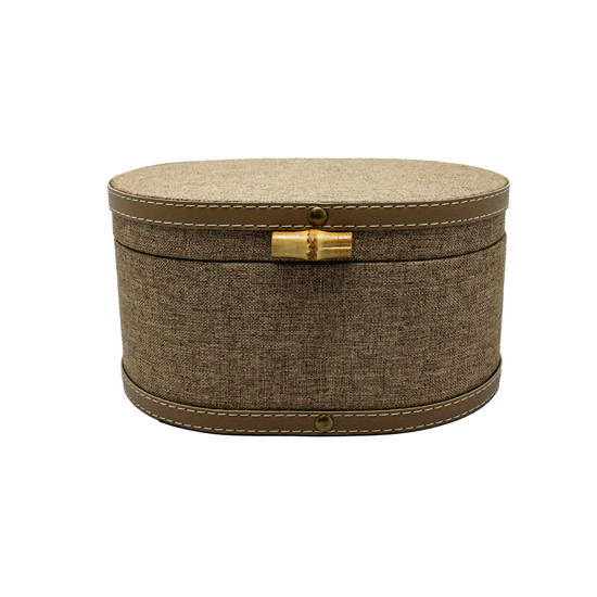 Imagem CAIXA OVAL DECORATIVA EM MDF REVESTIDA EM LONA MARROM 13X24X18CM - ENTRECASA
