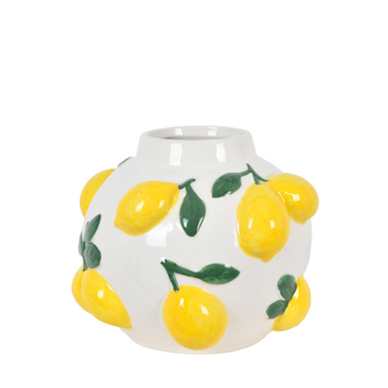 Imagem VASO DE CERÂMICA DECORATIVO BRANCO COM LIMÕES AMARELOS EM ALTO RELEVO - GRILLO