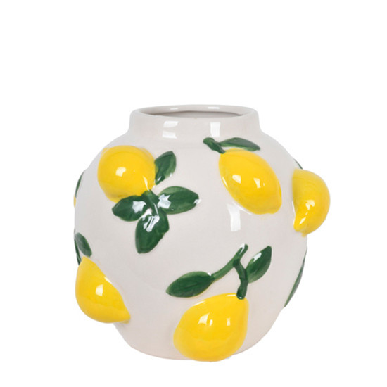 Imagem VASO DE CERÂMICA DECORATIVO BRANCO COM LIMÕES AMARELOS EM ALTO RELEVO - GRILLO