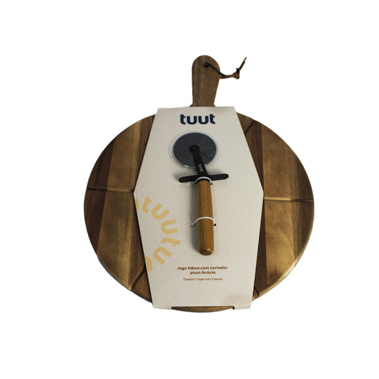 Imagem CONJUNTO TÁBUA DE MADEIRA DE ACÁCIA E CORTADOR PARA PIZZA - TUUT