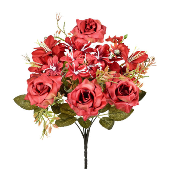 Imagem BUQUÊ DECORATIVO DE ROSAS E LÍRIOS VERMELHOS EM PLÁSTICO MOLDÁVEL 33X22CM - GRILLO