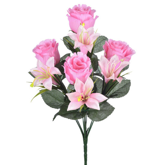Imagem BUQUÊ MISTO DECORATIVO DE ROSA E LÍRIO BLUSH EM PLÁSTICO MOLDÁVEL 35X18CM - GRILLO