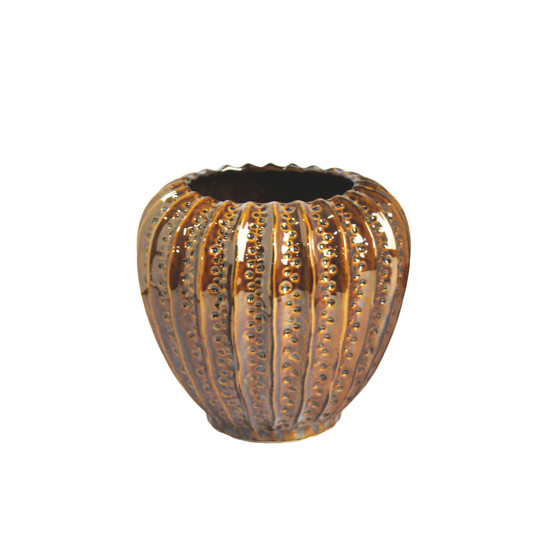 Imagem VASO REDONDO ESTRIADO DECORATIVO EM CERÂMICA CARAMELO 17X18CM - ENTRECASA