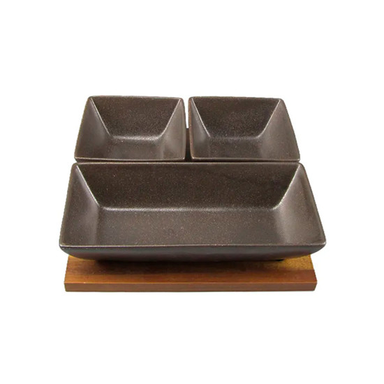 Imagem CONJUNTO PETISQUEIRA COM BANDEJA EM MADEIRA E 3 BOWLS EM CERÂMICA - CROSS