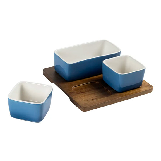 Imagem PETISQUEIRA EM MADEIRA E CERÂMICA AZUL DEGRADE COM 3 BOWLS 6X17X9CM - CROSS