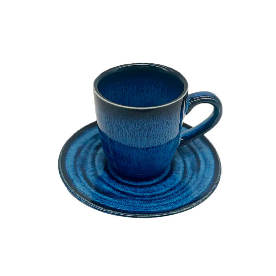 Imagem CONJUNTO DE XÍCARAS E PIRES EM PORCELANA AZUL COM DETALHE PRETO 6 PEÇAS 100ML - CROSS