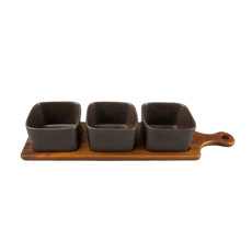 Imagem de CONJUNTO PETISQUEIRA EM MADEIRA COM 3 BOWLS EM CERÂMICA PRETO 7,5X39X10,5CM - CROSS - Cross Comercial Ltda
