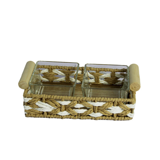 Imagem BANDEJA RETANGULAR DECORATIVA EM CESTARIA COM 2 RECIPIENTES EM VIDRO - ENTRECASA