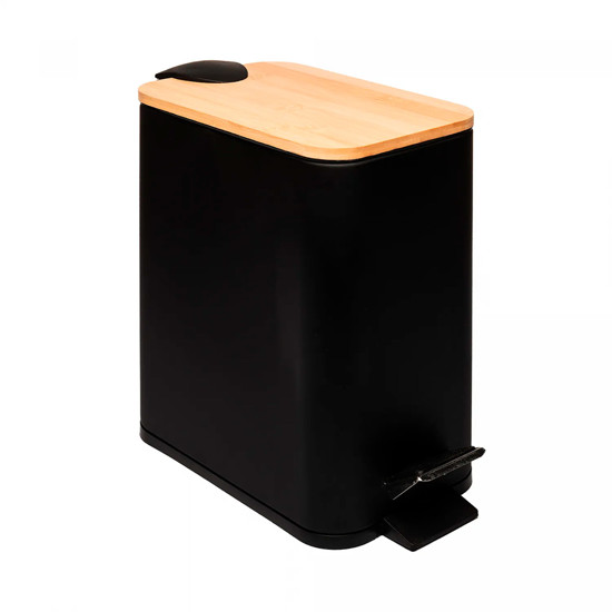 Imagem LIXEIRA RETANGULAR DE METAL 28X28,2X14CM COM PEDAL E TAMPA EM BAMBU PRETA 5L - LYOR