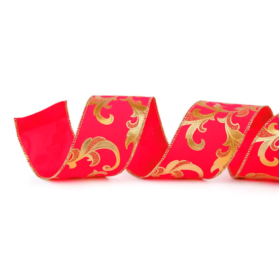 Imagem FITA ARAMADA VERMELHA COM DETALHES DOURADOS EM POLIÉSTER 6,3X914CM - CROMUS