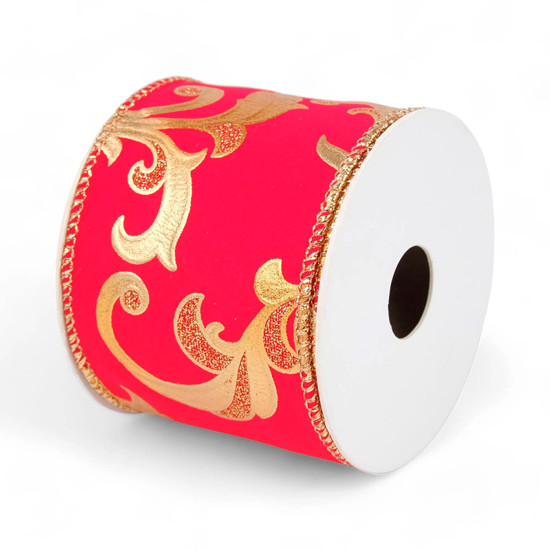 Imagem FITA ARAMADA VERMELHA COM DETALHES DOURADOS EM POLIÉSTER 6,3X914CM - CROMUS