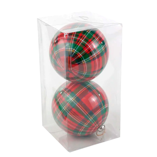 Imagem CAIXA COM 2 BOLAS NATALINAS XADREZ VERMELHO E VERDE EM PLÁSTICO 12CM - CROMUS