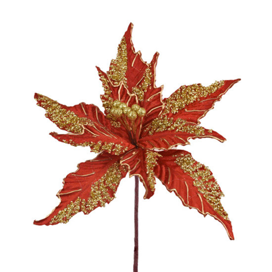 Imagem HASTE DECORATIVA DE POINSÉTIA VERMELHA COM GLITTER EM POLIÉSTER 20X34CM - GRILLO