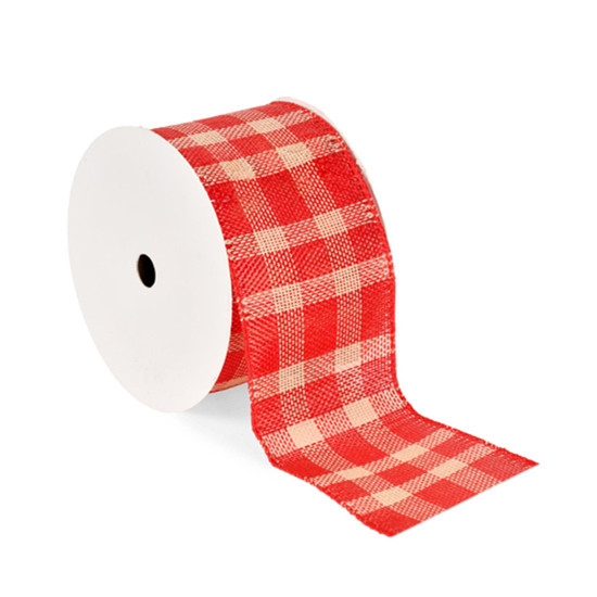 Imagem FITA ARAMADA EM LINHO XADREX VERMELHO E NUDE 6,3CM X 9,14M - GRILLO