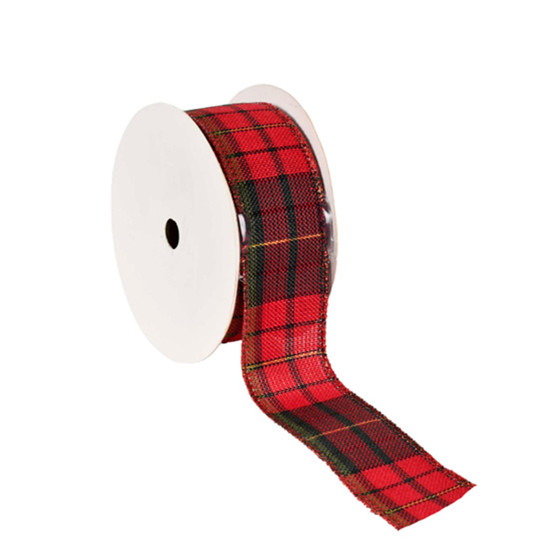 Imagem FITA ARAMADA DECORATIVA EM LINHO XADREZ VERMELHO E VERDE 4CM X 9,14M - GRILLO