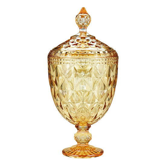 Imagem POTICHE DE CRISTAL COM PÉ DIAMOND ÂMBAR METALIZADO 32X15CM - LYOR