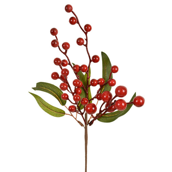 Imagem HASTE DECORATIVA DE BERRIES VERMELHAS COM FOLHAGEM VERDE EM PLÁSTICO E METAL - GRILLO