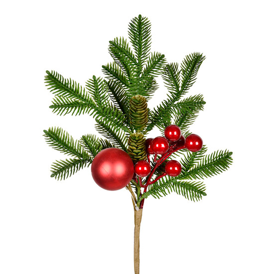 Imagem HASTE DECORATIVA DE PINHEIRO VERDE COM BERRYS VERMELHAS 38CM - GRILLO