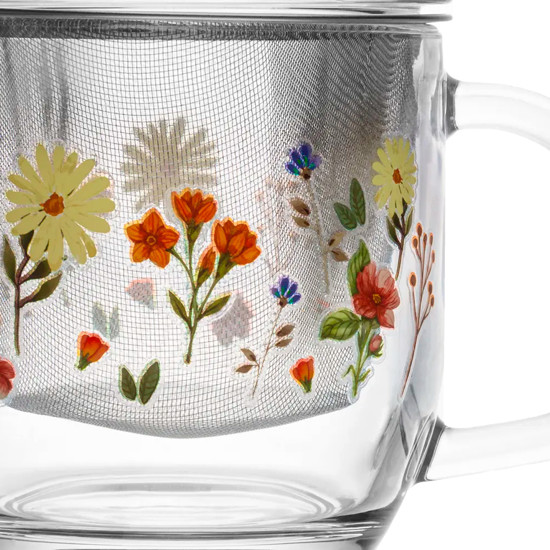Imagem CANECA COM INFUSOR E TAMPA PRIMAVERA COM FLORES AMARELAS 330ML VIDRO - LYOR