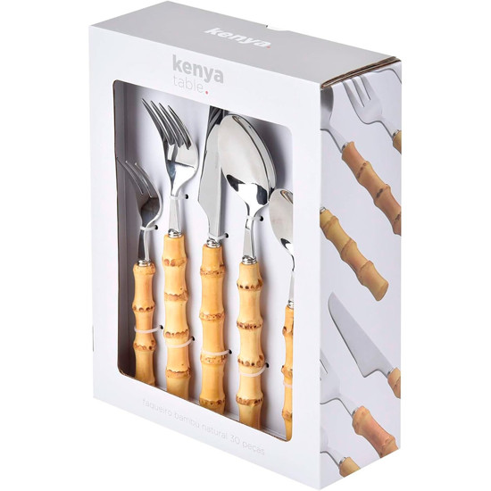 Imagem FAQUEIRO BAMBOO NATURAL COM 30 PEÇAS EM AÇO INOX - KENYA