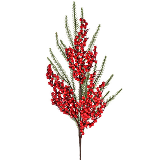 Imagem HASTE DECORATIVA DE BERRIES VERMELHAS E FOLHAGEM VERDE DE PLÁSTICO E ARAME - GRILLO