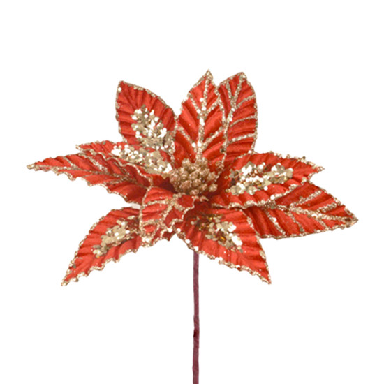 Imagem HASTE DECORATIVA DE POINSÉTIA VERMELHA COM GLITTER EM POLIÉSTER 20X28CM - GRILLO
