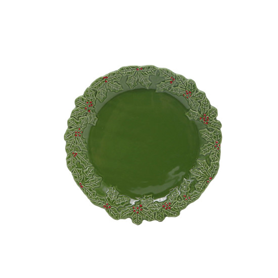 Imagem PRATO RASO NATALINO VERDE COM BORDAS DE FOLHAGEM RELEVADAS 27CM - TOKDACASA