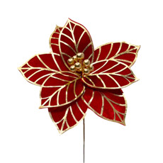 Imagem de HASTE DECORATIVA DE POINSÉTIA VERMELHA E DOURADO DE TECIDO E METAL 25CM - GRILLO - Grillo Ltda