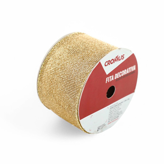 Imagem FITA ARAMADA DOURADA DECORATIVA DE POLIÉSTER 6,3CM X 4,57M - CROMUS