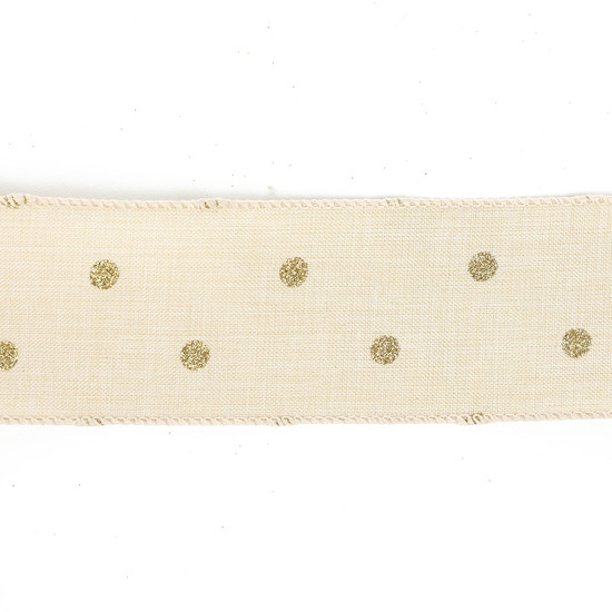 Imagem FITA ARAMADA DECORATIVA BEGE E DOURADA EM POLIÉSTER 6,3CM X 9,14M - CROMUS